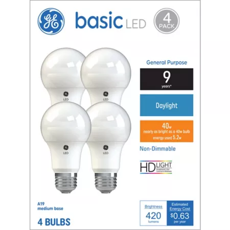 GE A19 General Purpose Basic LED Replacement Light Bulb 40 Watt Equivalent 420 Lumens Daylight 5000K 4-Pack LED Light Bulbs