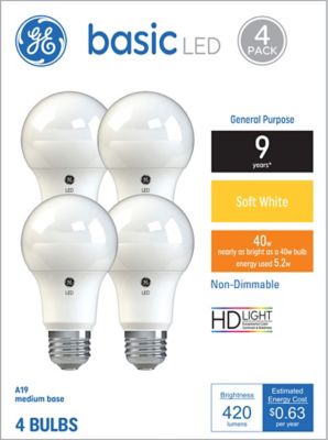 GE 40W Equivalent 420 Lumen A19 Replacement Basic General Purpose Soft White LED Light Bulbs, 4-Pack