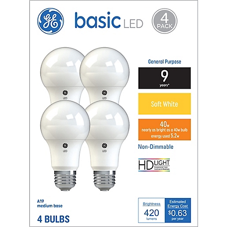 GE 40W Equivalent 420 Lumen A19 Replacement Basic General Purpose Soft White LED Light Bulbs, 4-Pack