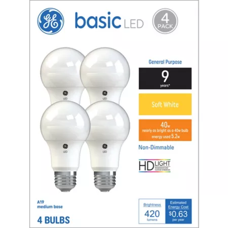 GE A19 General Purpose Base LED Replacement Light Bulb 40W Equivalent 420 Lumens Soft White 2700K 4-Pack LED Light Bulbs