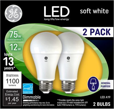 GE Soft White LED Light Bulbs, 75 Watts Replacement, A19 General Purpose Light Bulbs (2 Pack)