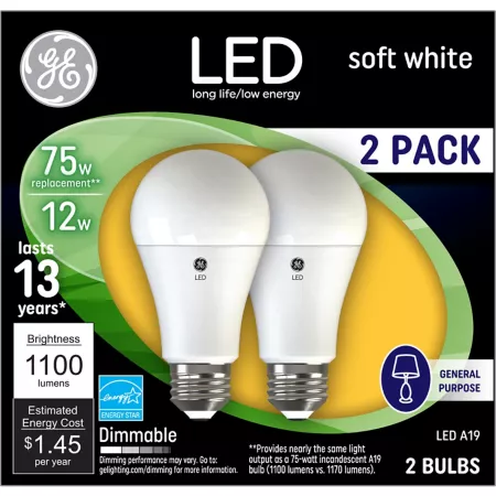 GE A19 General Purpose LED Light Bulbs 75 Watt Equivalent 1100 Lumens Soft White 2700K 2-Pack LED Light Bulbs