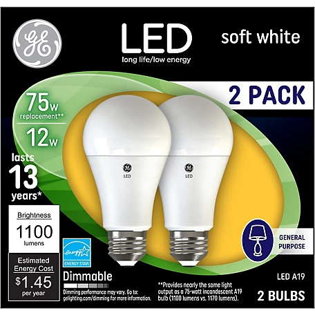 GE Soft White LED Light Bulbs, 75 Watts Replacement, A19 General Purpose Light Bulbs (2 Pack)