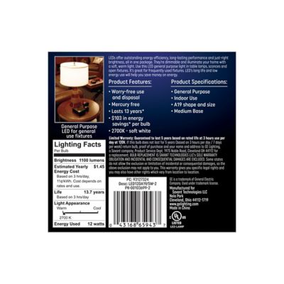 Image showing  75 Watt Equivalent 1,100-Lumen A19 General Purpose LED Light Bulbs, Soft White, 2,700K, 2-Pack