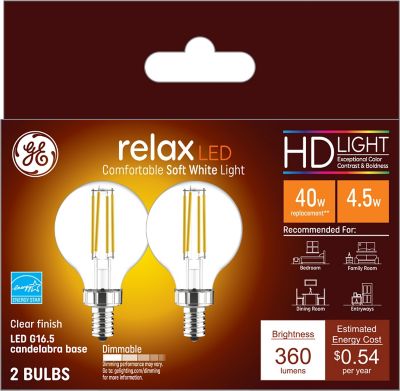 GE Relax HD Light LED Light Bulbs, 40 Watts Replacement, Clear Globe Bulbs (2 Pack)