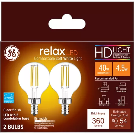 GE Relax HD LED Light Bulbs 40 Watt Equivalent 360 Lumens Clear Globe 2700K 2 Pack LED Light Bulbs