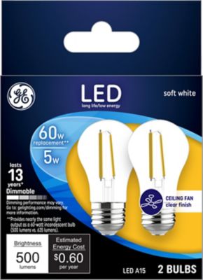 GE 60 Watt Equivalent 500-Lumen A15 Clear LED Ceiling Fan Light Bulbs, Soft White, 2,700K, 2-Pack, 23444