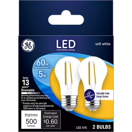 GE 23444 Clear A15 LED Ceiling Fan Light Bulb 60W Equivalent 500 Lumens Soft White 2700K 2 Pack LED Light Bulbs