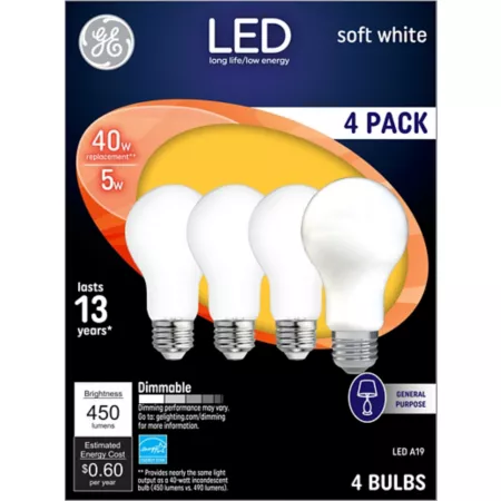 GE 93098311 A19 LED General Purpose Light Bulb 40 Watt Equivalent 450 Lumens Soft White 2700K 4 Pack LED Light Bulbs