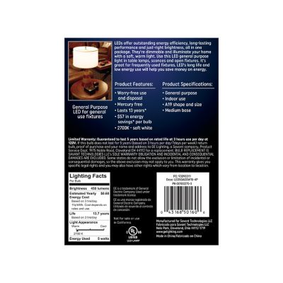 Image showing  40 Watt Equivalent 450-Lumen A19 General Purpose LED Light Bulbs, Soft White, 2,700K, 4-Pack, 93098311