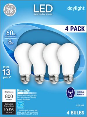 GE LED Light Bulbs, 60 Watts Replacement, Daylight, A19 General Purpose Bulbs (4 Pack)