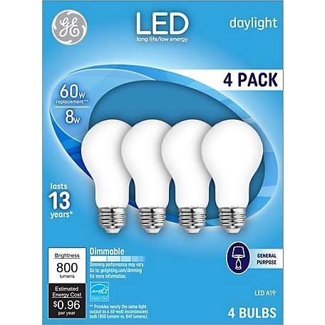 GE LED Light Bulbs, 60 Watts Replacement, Daylight, A19 General Purpose Bulbs (4 Pack)