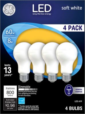 GE Soft White LED Light Bulbs, 60 Watts Replacement, Frosted A19 General Purpose Bulb (4 Pack)