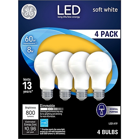 GE Soft White LED Light Bulbs, 60 Watts Replacement, Frosted A19 General Purpose Bulb (4 Pack)