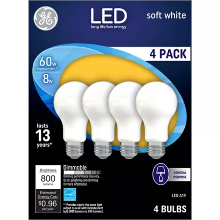 GE A19 General Purpose LED Light Bulbs 60 Watt Equivalent 800 Lumens Soft White 2700K Frosted 4 Pack LED Light Bulbs