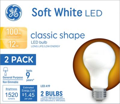 GE 100 Watt Equivalent 1,520-Lumen A19 General Purpose LED Light Bulbs, Soft White, 2,700K, 2-Pack