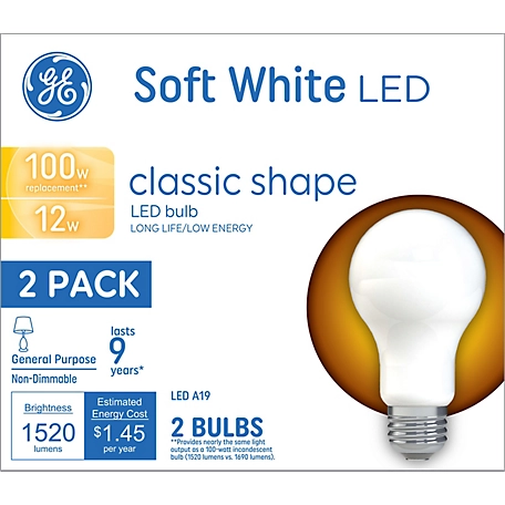 GE Soft White LED Light Bulbs, 100 Watts Replacement, A19 General Purpose Bulbs (2 Pack)