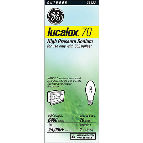 GE Lucalox High Pressure Sodium Light Bulb 70 Watt, S62 Ballast Bulb