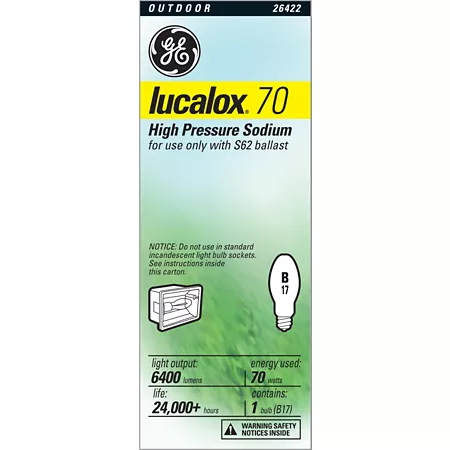 GE S62 Lucalox High Pressure Sodium Ballast Bulb 70W 6400 Lumens Incandescent Bulbs