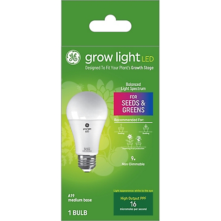GE Grow LED Light Bulb for Seeds and Greens, A19 Plant Light Bulb, Balanced Light Spectrum