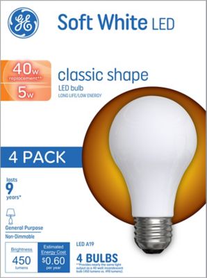 GE Soft White LED Light Bulbs, 40 Watts Replacements, A19 General Purpose Bulbs (4 Pack)