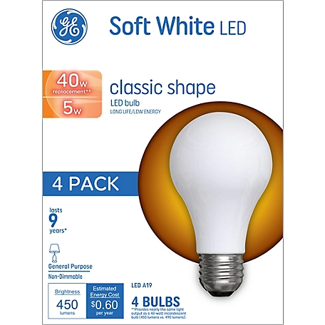 GE Soft White LED Light Bulbs, 40 Watts Replacements, A19 General Purpose Bulbs (4 Pack)