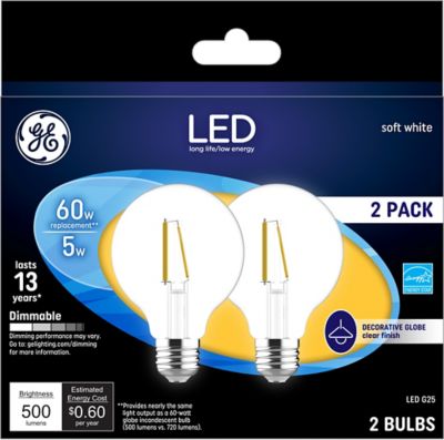 GE 60 Watt Equivalent 500-Lumen G25 Clear Globe LED Light Bulbs, Soft White, 2,700K, 2-Pack, 23344