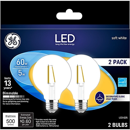 GE LED Light Bulbs, 60 Watt Replacement, Soft White, G25 Clear Globe Bulbs (2 Pack)