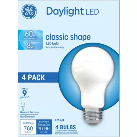 GE 99192 A19 LED General Purpose Light Bulb 60 Watt Equivalent 760 Lumens Daylight 5000K 4 Pack LED Light Bulbs