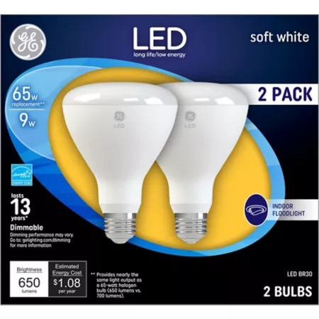 GE BR30 Indoor Floodlight LED Bulbs 65 Watt Equivalent 650 Lumens Soft White 2700K 2 Pack LED Light Bulbs