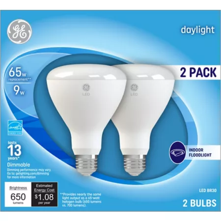 GE BR30 Indoor Floodlight LED Bulbs 65 Watt Equivalent 650 Lumens Daylight 5000K 2 Pack LED Light Bulbs