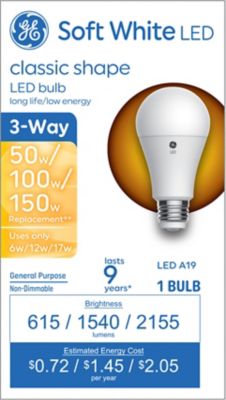 GE 150/100/50 Watt Equivalent 615-Lumen 3-Way A19 LED Light Bulb, Soft White, 2,700K