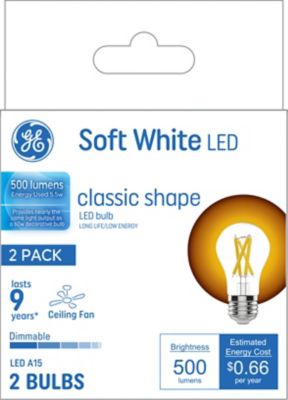 GE 60 Watt Equivalent 500-Lumen A15 Clear LED Ceiling Fan Light Bulbs, Soft White, 2,700K, 2-Pack, 93130353