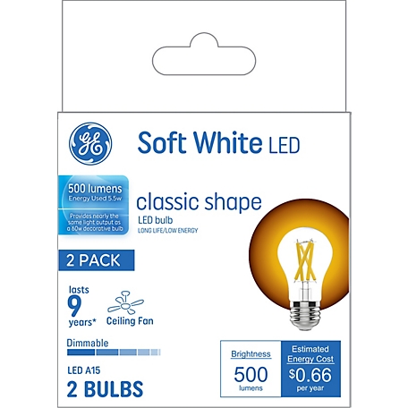 GE Soft White LED Light Bulbs, 60 Watt Replacement, A15 Clear Ceiling Fan Light Bulbs (2 Pack)