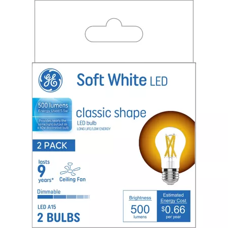 GE 93130353 Clear LED Ceiling Fan Light Bulb 60W Equivalent 500 Lumens A15 Soft White 2700K 2 Pack LED Light Bulbs