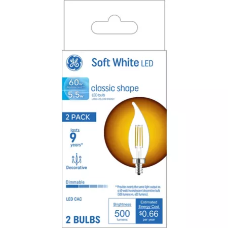 GE LED Decorative Light Bulbs 60 Watt Equivalent 500 Lumens Soft White 2700K Small Base 2 Pack LED Light Bulbs