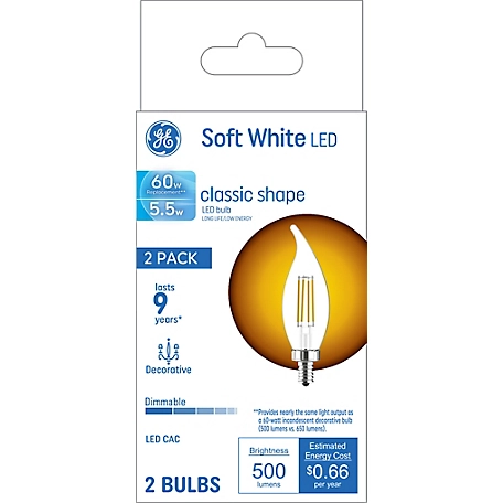GE Soft White LED Decorative Light Bulbs, 60 Watts Replacement, Small Base (2 Pack)
