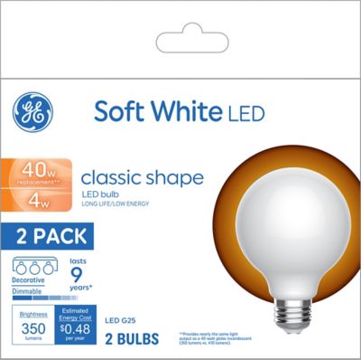 GE Soft White LED Globe Light Bulbs, 40 Watts Replacement, G25 Bulbs (2 Pack)