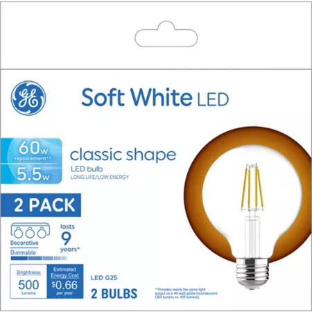 GE 93130357 Clear G25 LED Globe Light Bulb 60 Watt Equivalent 500 Lumens Soft White 2700K 2 Pack LED Light Bulbs