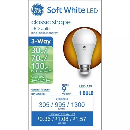 GE A19 3-Way LED Light Bulb 30/70/100 Watt Equivalent 305 Lumens Soft White 2700K LED Light Bulbs