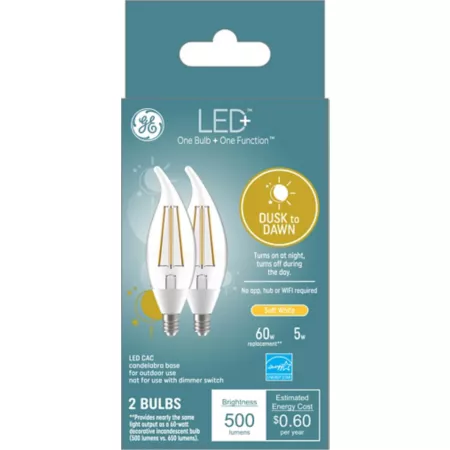 GE Decorative LED + Dusk to Dawn Light Bulbs 60 Watt Equivalent 500 Lumens Soft White 2700K 2 Pack LED Light Bulbs