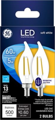 GE LED Decorative Light Bulbs, 60 Watts Replacement, Soft White, Clear Bent Tip Bulbs (2 Pack)