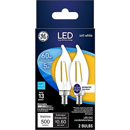 GE LED Decorative Light Bulbs, 60 Watts Replacement, Soft White, Clear Bent Tip Bulbs (2 Pack)