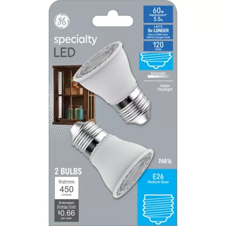 GE Specialty PAR16 LED Bulbs 60 Watt Equivalent 450 Lumens Warm White 3000K 2 Pack LED Light Bulbs