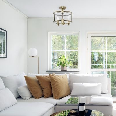 Lalia Home 3-Light Industrial Farmhouse Glass and Metallic Accented Semi Flush-Mount Ceiling Light, Antique Brass