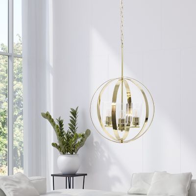 Image showing  3-Light Adjustable Industrial Globe Hanging Metal and Glass Ceiling Pendant Light, Gold
