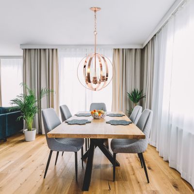 Lalia Home 3-Light Adjustable Industrial Globe Hanging Metal and Glass Ceiling Pendant Light, Rose Gold