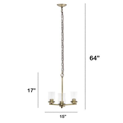 Image showing  3-Light Classic Contemporary Glass and Metal Hanging Pendant Chandelier, Antique Brass