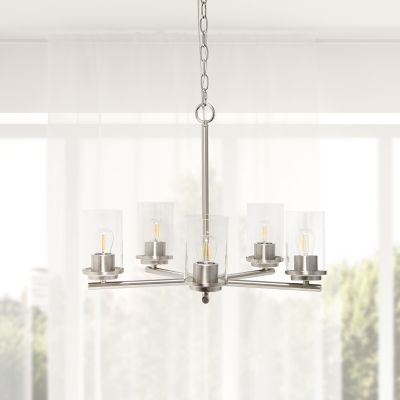 Image showing  5-Light Classic Contemporary Glass and Metal Hanging Pendant Chandelier, Brushed Nickel