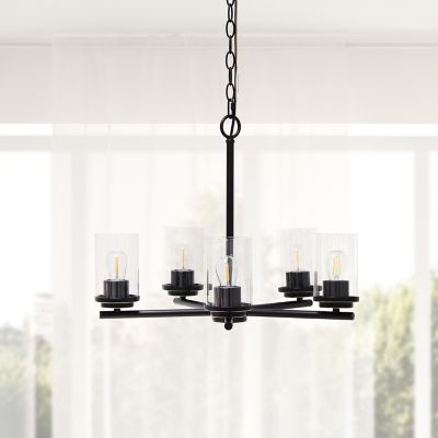 Image showing  5-Light Classic Contemporary Glass and Metal Hanging Pendant Chandelier, Bronze